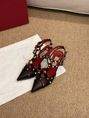 VALENTINO 26S OCKSTUD HEELS IN BLACK CALFSKIN