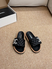 CHANEL 26S SLIDE SANDALS IN BLACK QUILTED CALFSKIN SILVER HARDWARE