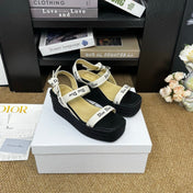 DIOR 26S ESPADRILLE WEDGE SANDAL IN BLACK CANVAS AND CALFSKIN