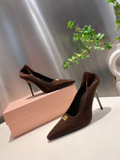 POINTED-TOE HIGH HEEL PUMPS IN CHOCOLATE SUEDE