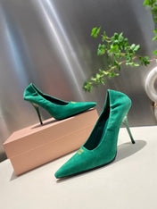POINTED-TOE HIGH HEEL PUMPS IN GREEN SUEDE