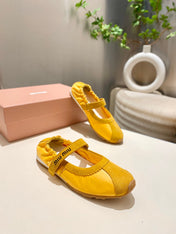 MIUMIU 26S RUCHES NAPPA BALLERINAS IN YELLOW SUEDE AND FABRIC