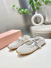 MIUMIU 26S RUCHES NAPPA BALLERINAS IN CREAM WHITE SUEDE AND FABRIC