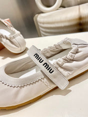 MIUMIU 26S RUCHES NAPPA BALLERINAS IN CREAM WHITE SUEDE AND FABRIC