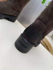 MIUMIU 26S MID CALF BOOT IN DARK BROWN  SUEDE AND SHEARLING