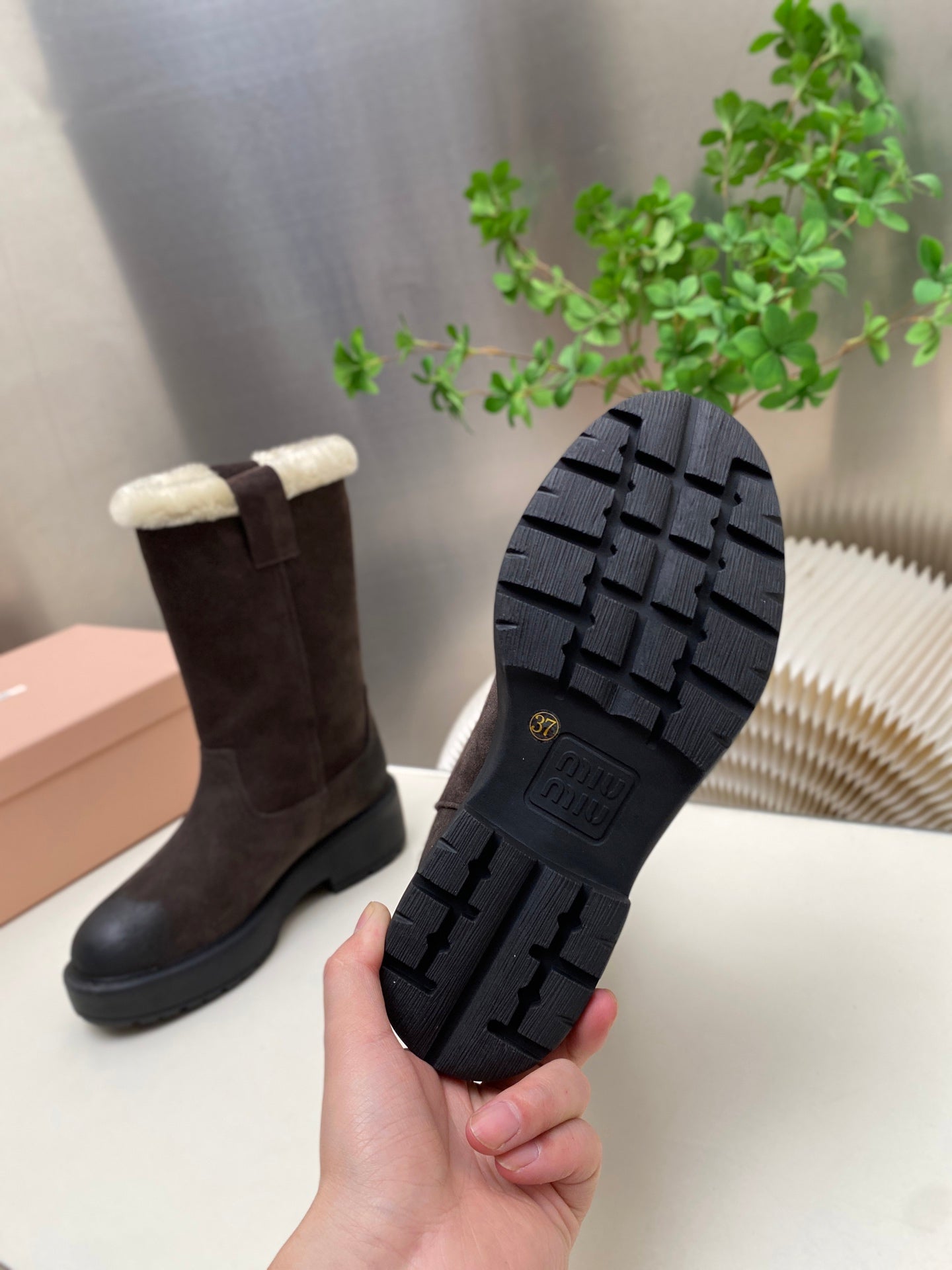 MIUMIU 26S MID CALF BOOT IN DARK BROWN  SUEDE AND SHEARLING