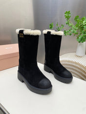 MIUMIU 26S MID CALF BOOT IN BLACK SUEDE AND SHEARLING