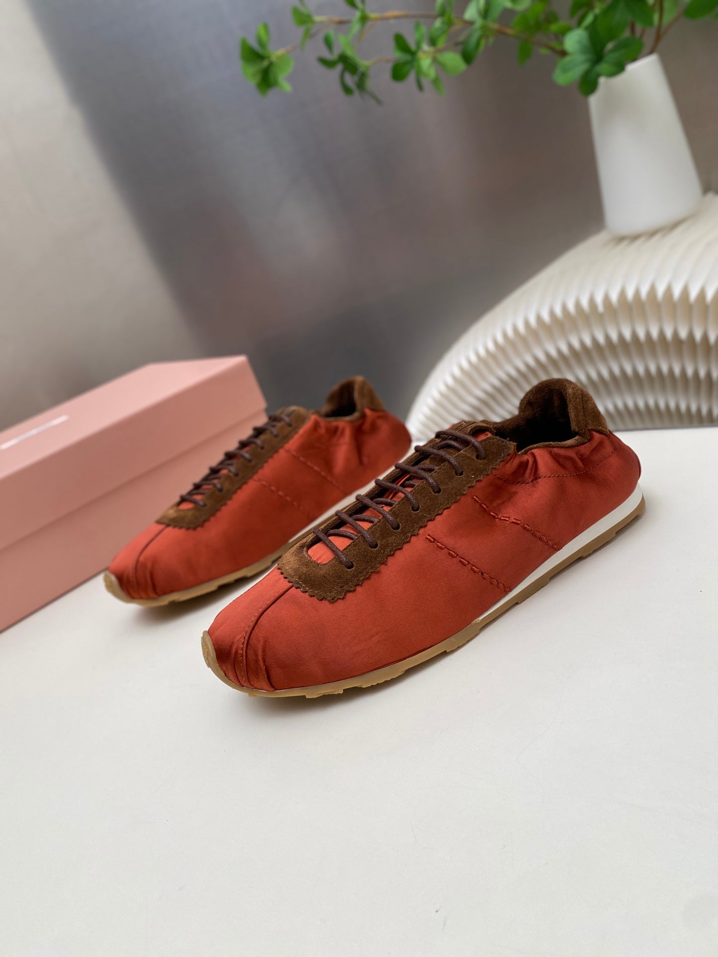 MIUMIU 26S SNEAKERS IN RUST RED PLUME SATIN