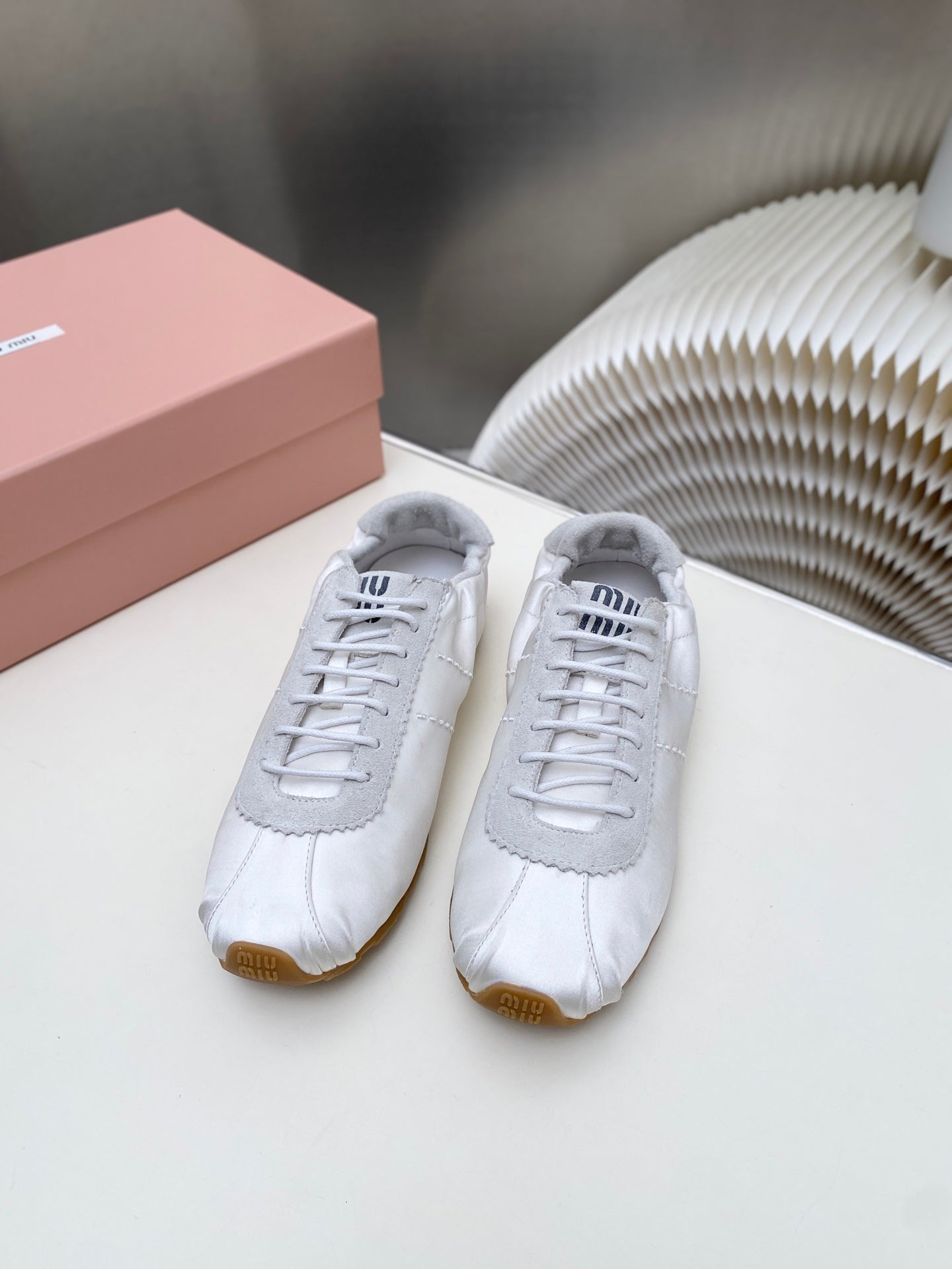 MIUMIU 26S SNEAKERS IN WHITE PLUME SATIN