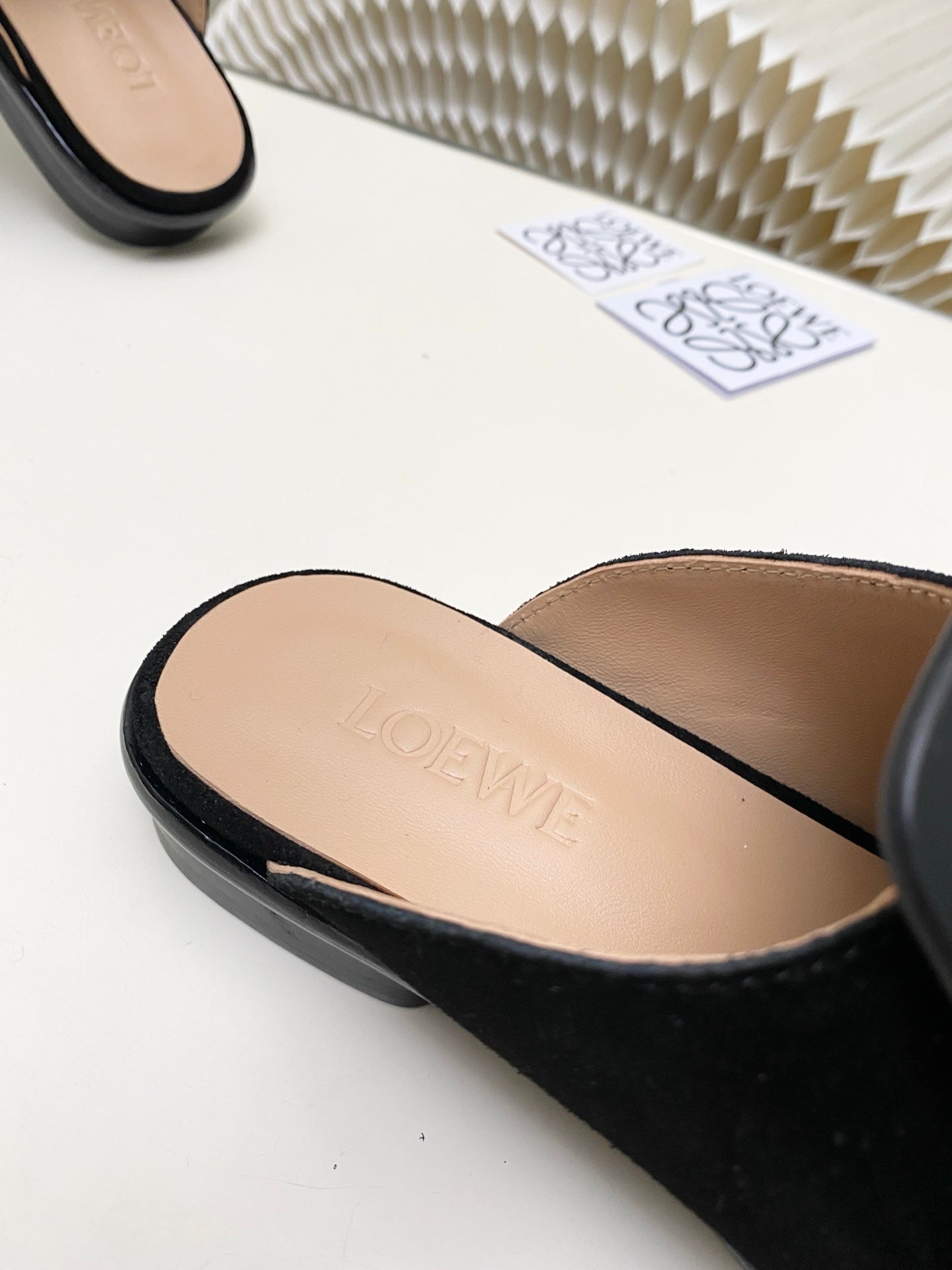 LOEWE 26S FLAT MULES IN BLACK CALFSKIN AND SUEDE