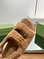 DAD SANDALS IN CIDER BROWN FLEECE WITH GOLD HARDWARE