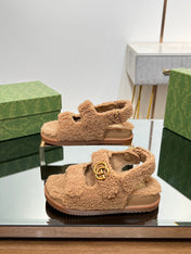 DAD SANDALS IN CIDER BROWN FLEECE WITH GOLD HARDWARE