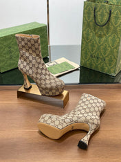 GG SHORT BOOTS 11.5 CM IN CAMEL BROWN MONOGRAM JACQUARD FABRIC