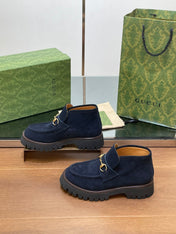 GG WOMEN'S HORSEBIT ANKLE BOOTS 4.5CM IN NAVY BLUE SUEDE