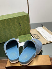 GG HORSEBIT MULE IN LIGHT BLUE EMBOSSED SUEDE AND SHEEPSKIN LINING
