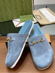 GG HORSEBIT MULE IN LIGHT BLUE EMBOSSED SUEDE AND SHEEPSKIN LINING