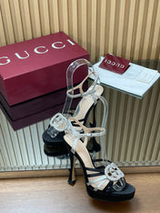 GUCCI 26S HIGH-HEELED SANDALS 125 MM IN BLACK SATIN AND SILVER CALFSKIN