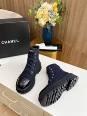 SHORT BOOTS IN DENIM BLUE TWEED AND BLACK CALFSKIN