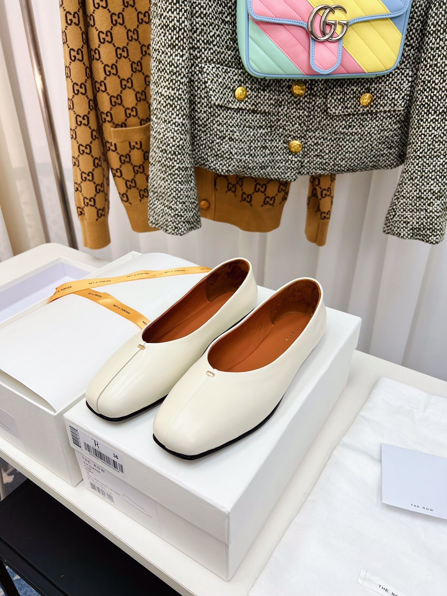 THE ROW 26S SQUARE TOE BALLET FLATS IN IVORY WHITE CALFSKIN