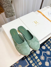 THE ROW 26S ROUND TOE MULES IN SAGE GREEN SUEDE