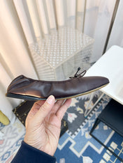 THE ROW 26S BALLET FLATS IN DARK BROWN CALFSKIN ELASTIC TRIM WITH BOW