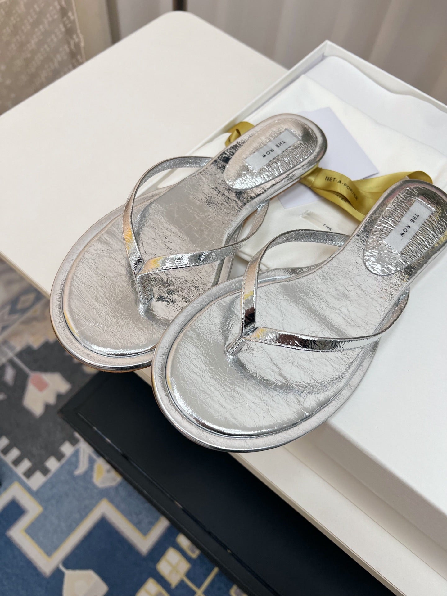 THE ROW 26S THONG SANDALS IN SILVER CALFSKIN