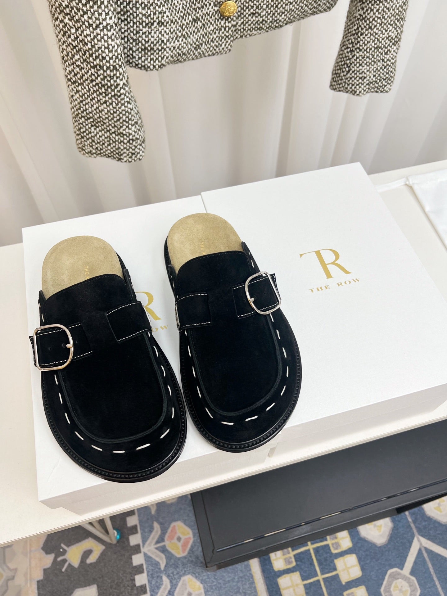 THE ROW 26S BUCKLED MULE CLOGS IN BLACK SUEDE