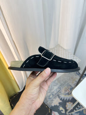 THE ROW 26S BUCKLED MULE CLOGS IN BLACK SUEDE