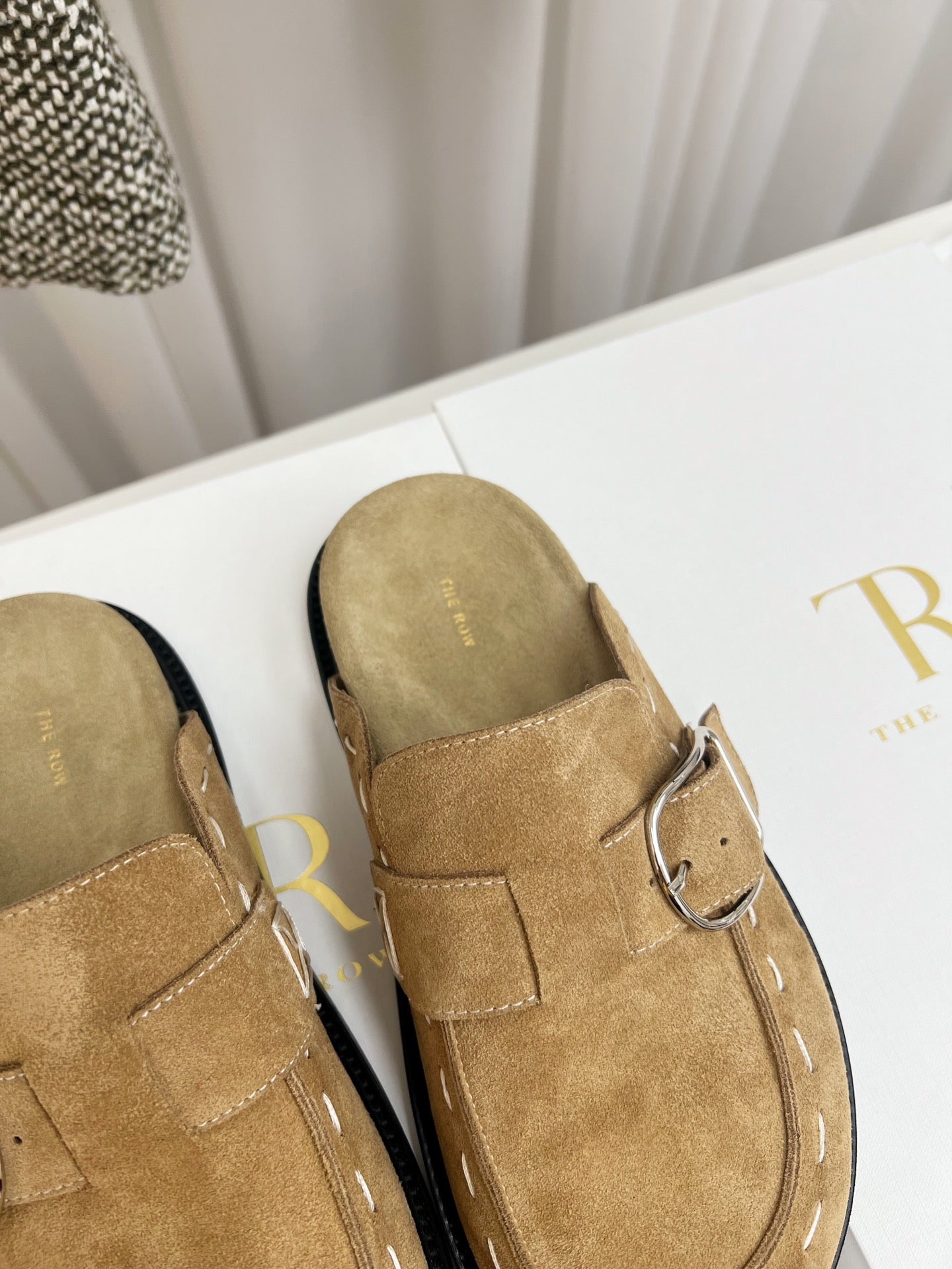 THE ROW 26S BUCKLED MULE CLOGS IN LIGHT BROWN SUEDE