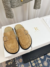THE ROW 26S BUCKLED MULE CLOGS IN LIGHT BROWN SUEDE