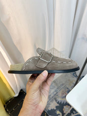 THE ROW 26S BUCKLED MULE CLOGS IN TAUPE BROWN SUEDE