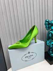 PRADA 26S POINTED TOE PUMPS STILETTO HEEL 80MM IN LIME GREEN SATIN