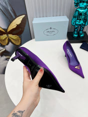 PRADA 26S POINTED TOE PUMPS STILETTO HEEL 80MM IN DEEP PURPLE SATIN
