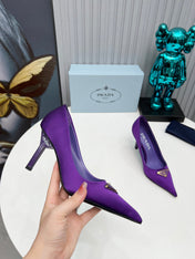 PRADA 26S POINTED TOE PUMPS STILETTO HEEL 80MM IN DEEP PURPLE SATIN