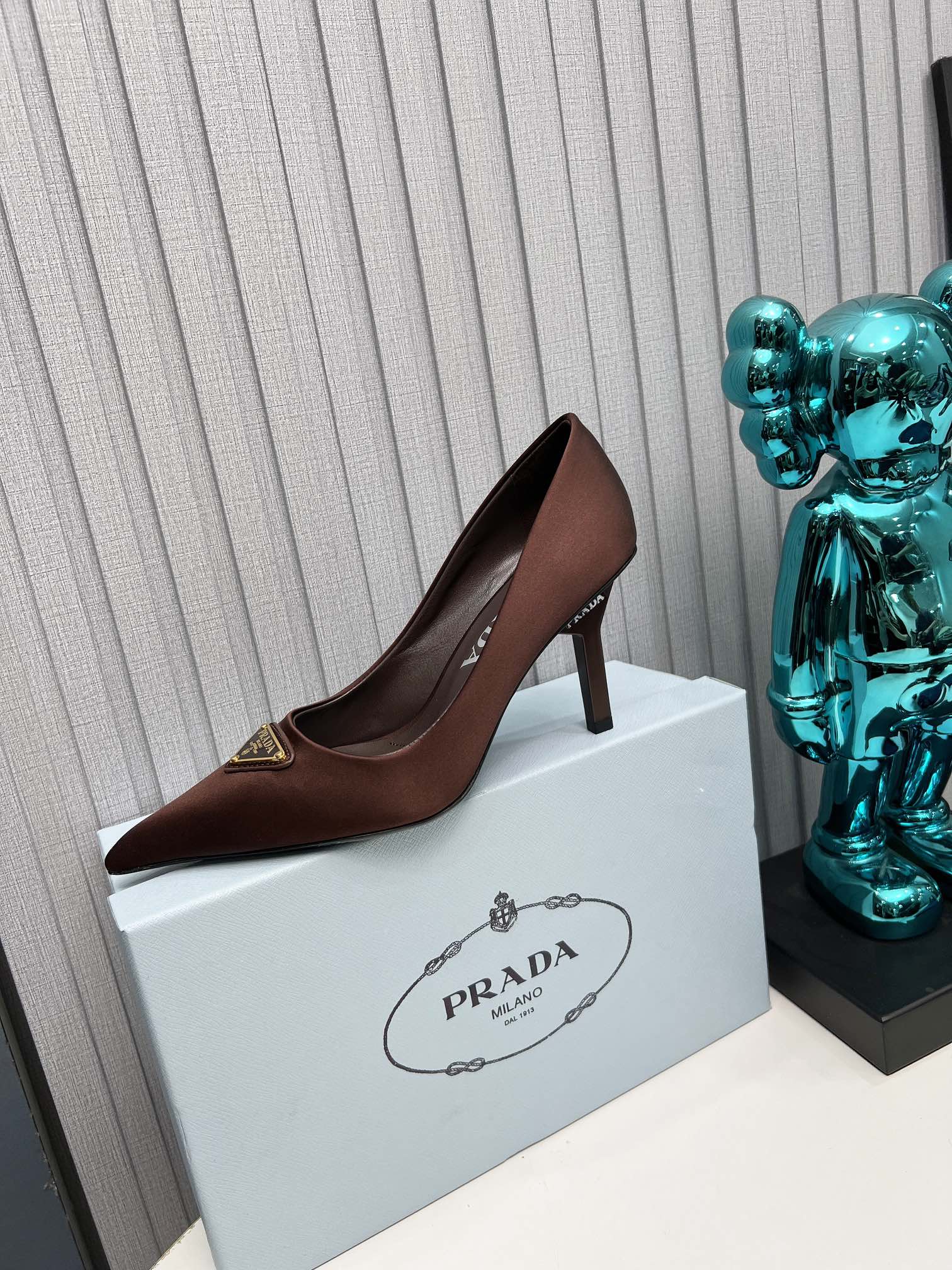 PRADA 26S POINTED TOE PUMPS STILETTO HEEL 80MM IN DARK BROWN SATIN