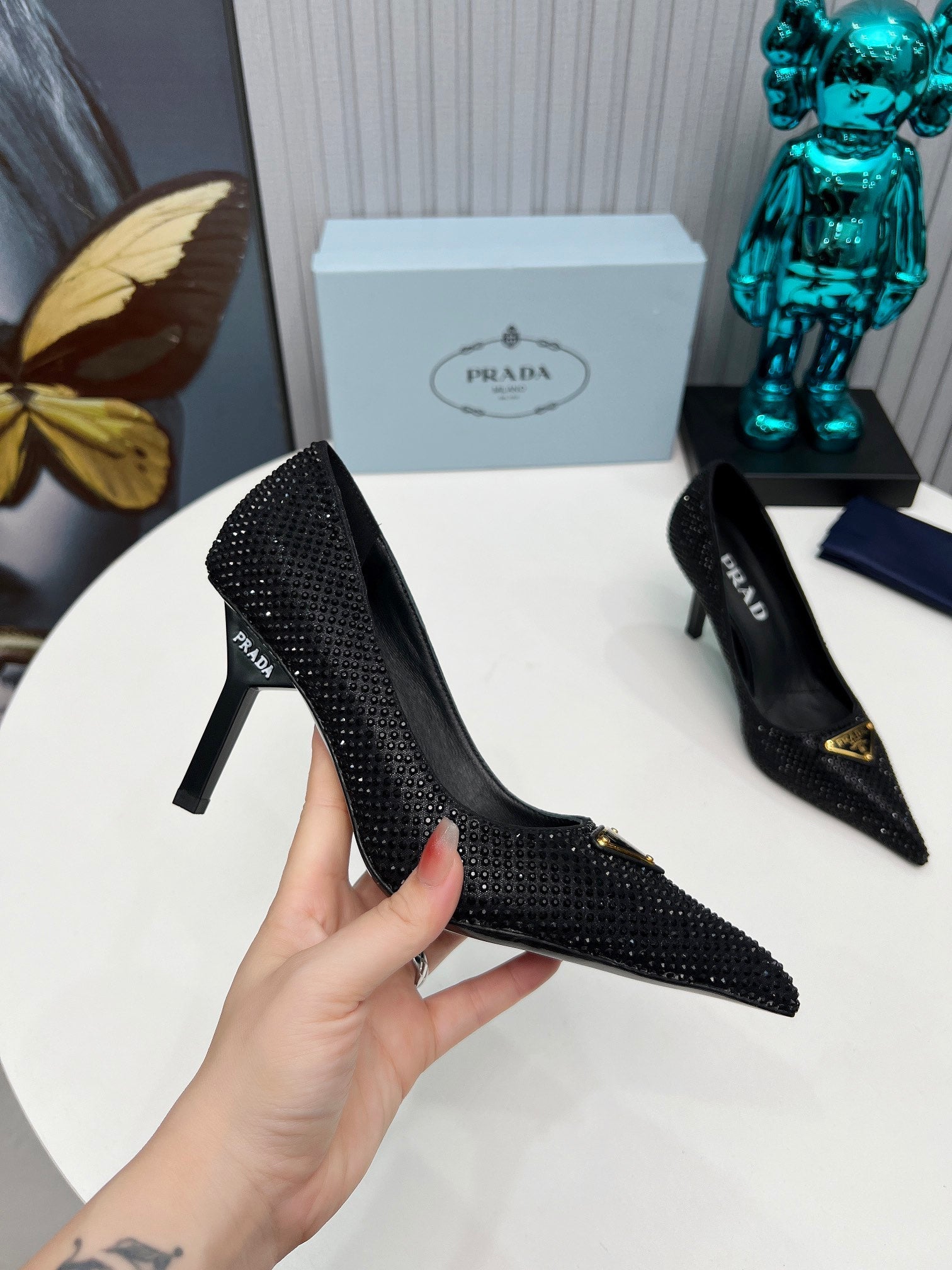 PRADA 26S POINTED TOE PUMPS STILETTO HEEL 80MM IN BLACK CRYSTAL EMBELLISHED