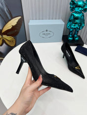 PRADA 26S POINTED TOE PUMPS STILETTO HEEL 80MM IN BLACK CRYSTAL EMBELLISHED