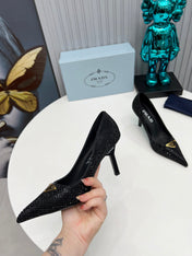 CRYSTAL HIGH-HEEL PUMPS IN BLACK SATIN WITH TRIANGLE LOGO