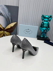 TRIANGLE LOGO HIGH-HEEL PUMPS IN BLACK SATIN WITH WHITE CRYSTALS