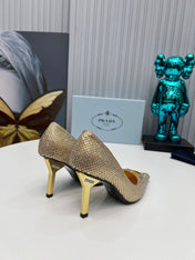 CRYSTAL HIGH-HEEL PUMPS IN GOLD SATIN WITH TRIANGLE LOGO