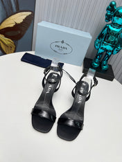 PRADA 26S ANKLE STRAP SANDALS STILETTO HEEL 80MM IN BLACK SHINE CALFSKIN