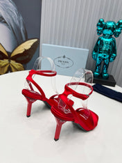 PRADA 26S ANKLE STRAP SANDALS STILETTO HEEL 80MM IN DARK RED SATIN