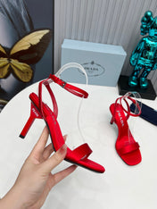 PRADA 26S ANKLE STRAP SANDALS STILETTO HEEL 80MM IN DARK RED SATIN