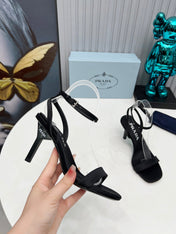 PRADA 26S ANKLE STRAP SANDALS STILETTO HEEL 80MM IN BLACK SATIN