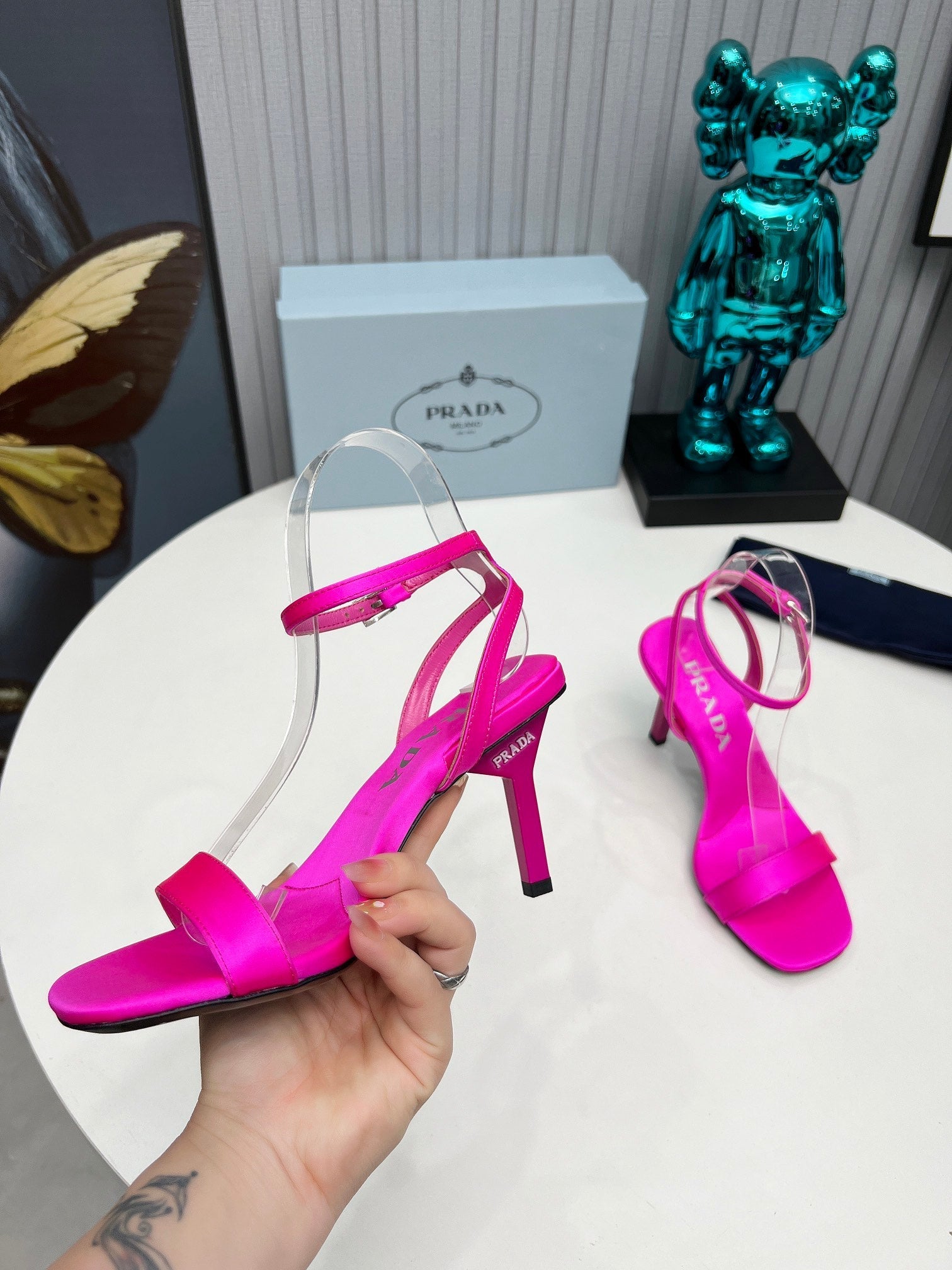 PRADA 26S ANKLE STRAP SANDALS STILETTO HEEL 80MM IN FUCHSIA PINK SATIN
