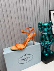 PRADA 26S ANKLE STRAP SANDALS STILETTO HEEL 80MM IN ORANGE SATIN