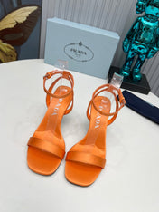 PRADA 26S ANKLE STRAP SANDALS STILETTO HEEL 80MM IN ORANGE SATIN