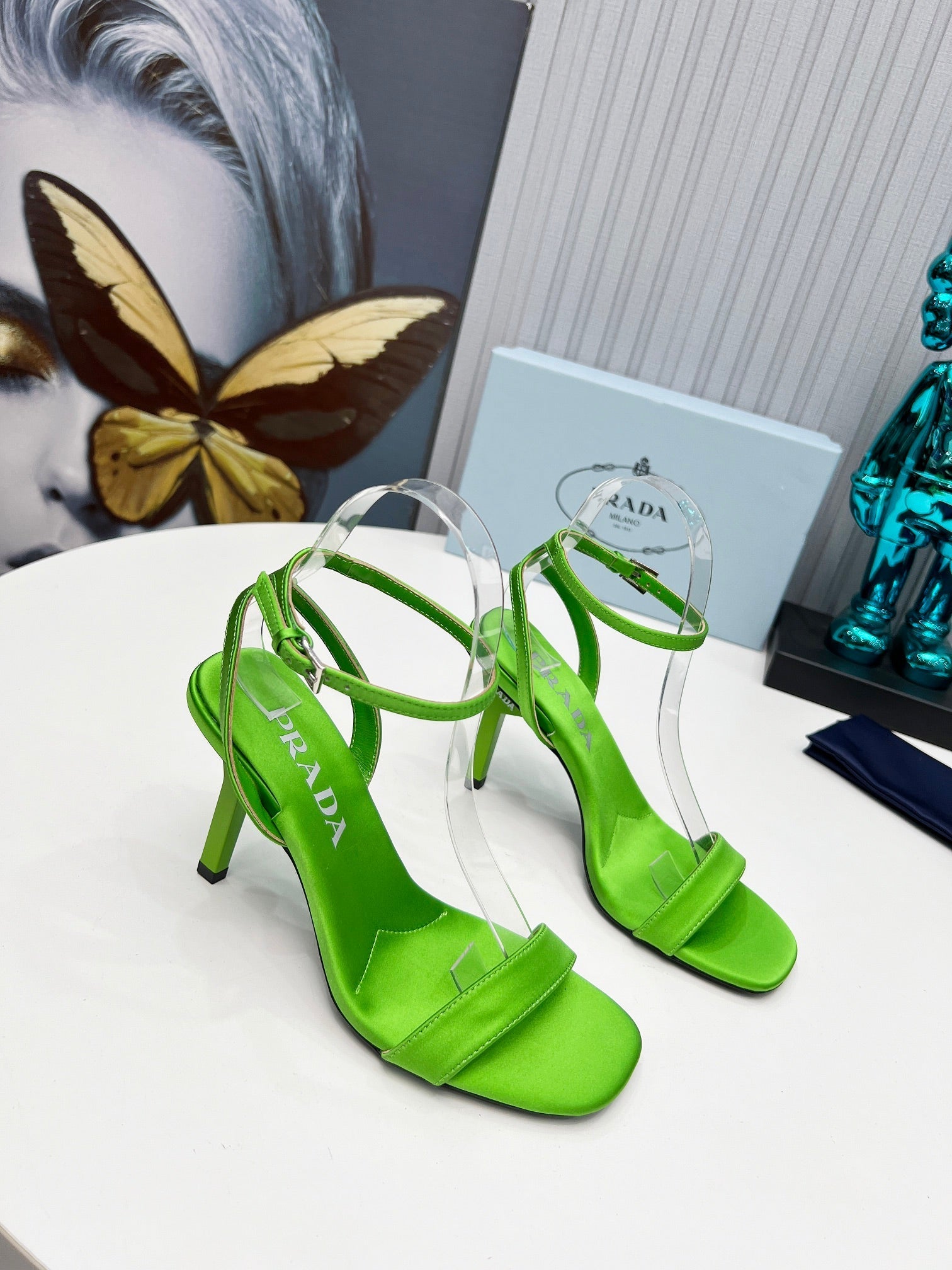 PRADA 26S ANKLE STRAP SANDALS STILETTO HEEL 80MM IN LIME GREEN SATIN