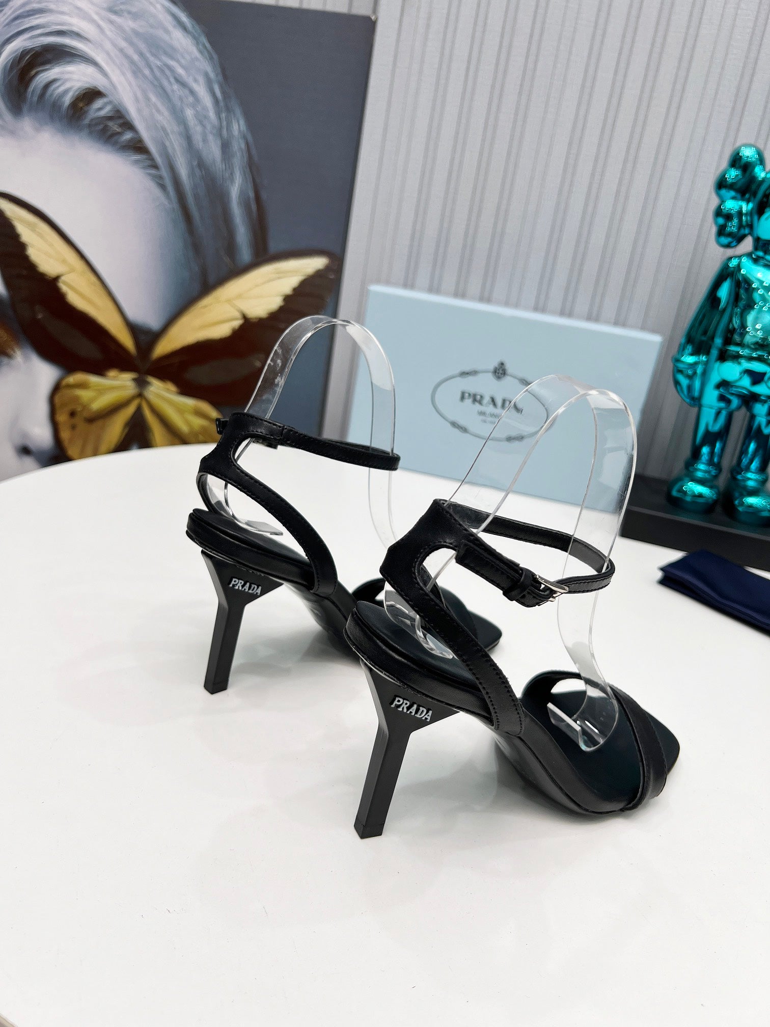PRADA 26S ANKLE STRAP SANDALS STILETTO HEEL 80MM IN BLACK CALFSKIN