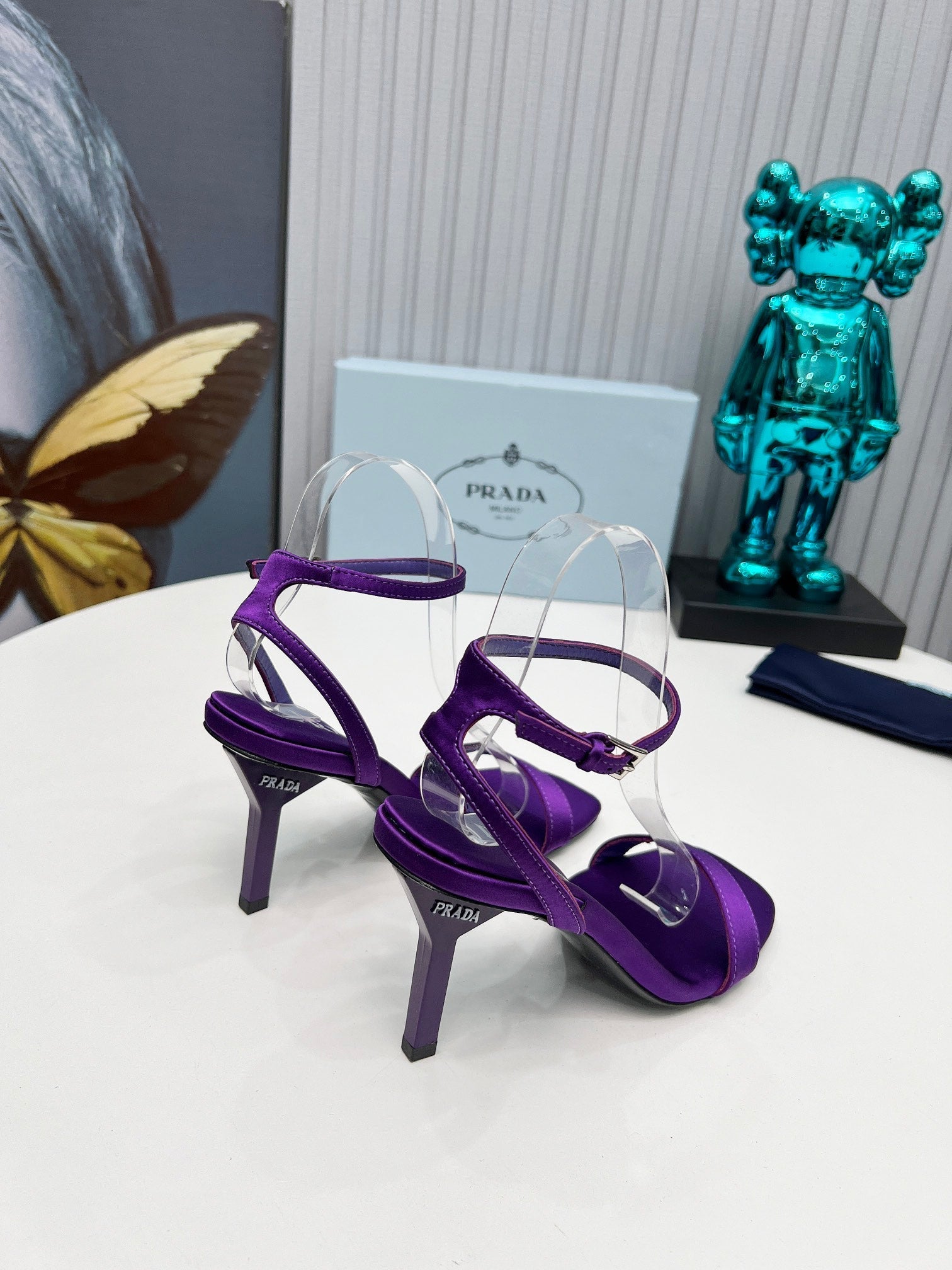 PRADA 26S ANKLE STRAP SANDALS STILETTO HEEL 80MM IN DEEP PURPLE SATIN